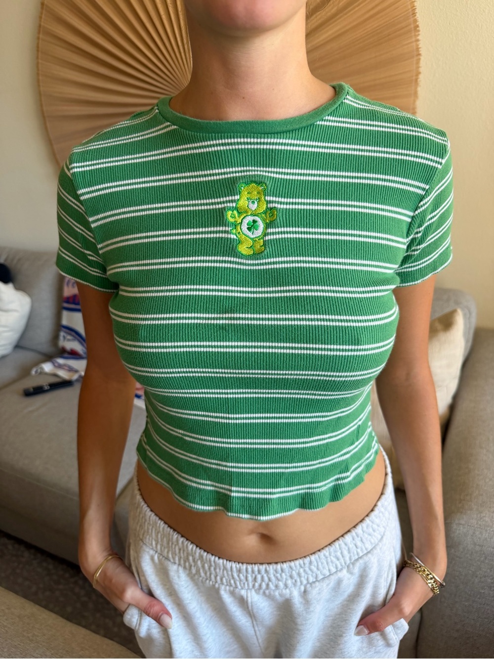 Striped Green Cropped Tee with Embroidered Bear